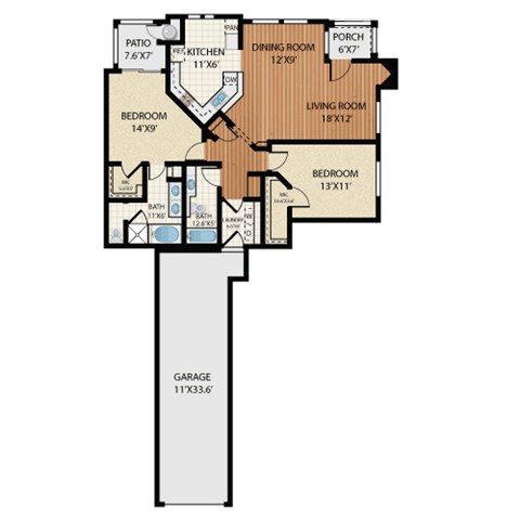Floor plan for 2 beds, 2 baths, 1295 sqft